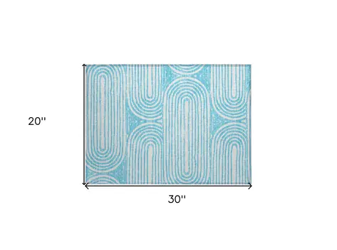 2' X 3' Teal and White Abstract Washable Non Skid Indoor Outdoor Area Rug