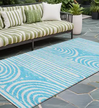 2' X 8' Teal and White Abstract Washable Non Skid Indoor Outdoor Area Rug