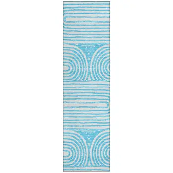 2' X 8' Teal and White Abstract Washable Non Skid Indoor Outdoor Area Rug