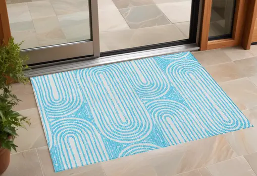 3' X 5' Teal Abstract Washable Non Skid Indoor Outdoor Area Rug