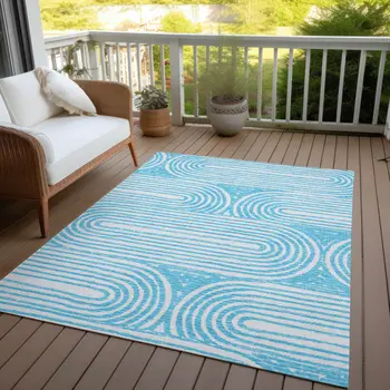 8' X 10' Teal and White Abstract Washable Non Skid Indoor Outdoor Area Rug