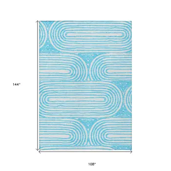 9' X 12' Teal and White Abstract Washable Non Skid Indoor Outdoor Area Rug