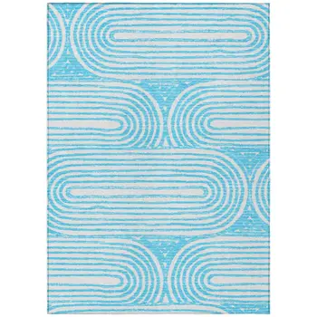 9' X 12' Teal and White Abstract Washable Non Skid Indoor Outdoor Area Rug