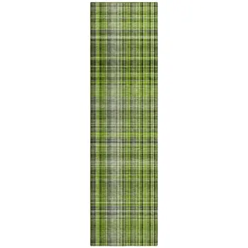 2' X 8' Green Black and Gray Plaid Washable Non Skid Indoor Outdoor Area Rug