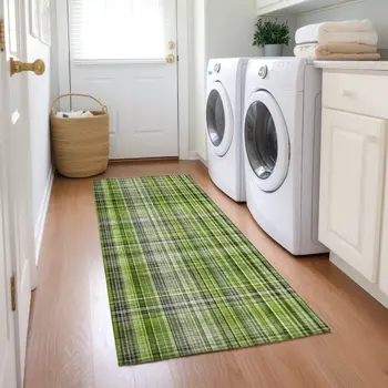 2' X 8' Green Black and Gray Plaid Washable Non Skid Indoor Outdoor Area Rug