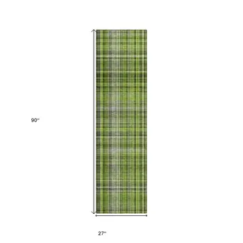 2' X 8' Green Black and Gray Plaid Washable Non Skid Indoor Outdoor Area Rug