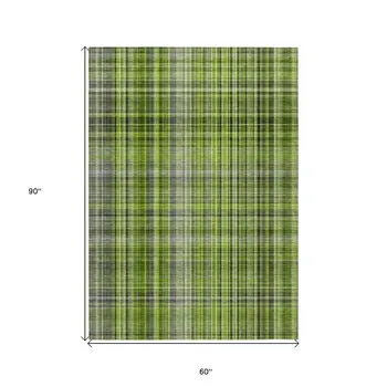 5' X 8' Green Plaid Washable Non Skid Indoor Outdoor Area Rug
