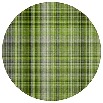8' X 8' Green Black and Gray Round Plaid Washable Non Skid Indoor Outdoor Area Rug