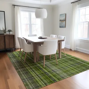 8' X 10' Green Plaid Washable Non Skid Indoor Outdoor Area Rug