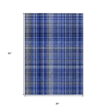 3' X 5' Navy Blue Plaid Washable Non Skid Indoor Outdoor Area Rug