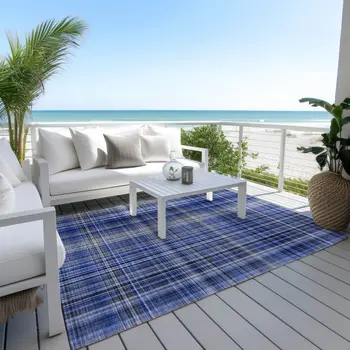 3' X 5' Navy Blue Plaid Washable Non Skid Indoor Outdoor Area Rug