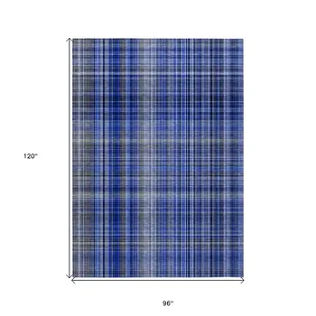 8' X 10' Navy Blue Plaid Washable Non Skid Indoor Outdoor Area Rug