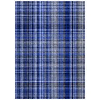 9' X 12' Navy Blue Plaid Washable Non Skid Indoor Outdoor Area Rug