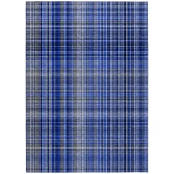 9' X 12' Navy Blue Plaid Washable Non Skid Indoor Outdoor Area Rug
