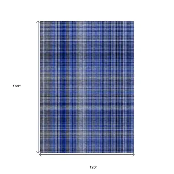 10' X 14' Navy Blue Plaid Washable Non Skid Indoor Outdoor Area Rug