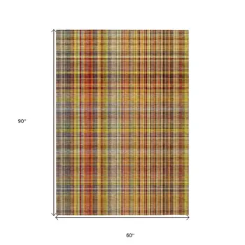 5' X 8' Orange Plaid Washable Non Skid Indoor Outdoor Area Rug