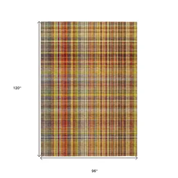 8' X 10' Orange Plaid Washable Non Skid Indoor Outdoor Area Rug