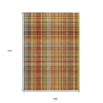 9' X 12' Yellow Orange and Brown Plaid Washable Non Skid Indoor Outdoor Area Rug