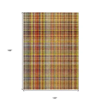 10' X 14' Yellow Orange and Brown Plaid Washable Non Skid Indoor Outdoor Area Rug