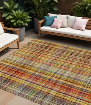 10' X 14' Yellow Orange and Brown Plaid Washable Non Skid Indoor Outdoor Area Rug
