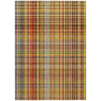 10' X 14' Yellow Orange and Brown Plaid Washable Non Skid Indoor Outdoor Area Rug