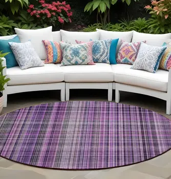 8' Round Purple Round Plaid Washable Non Skid Indoor Outdoor Area Rug