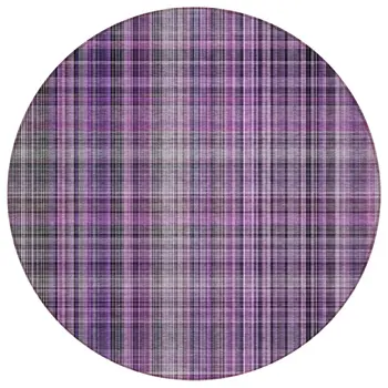 8' Round Purple Round Plaid Washable Non Skid Indoor Outdoor Area Rug