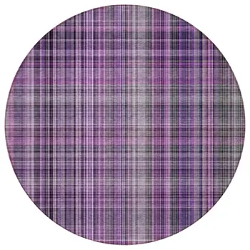8' Round Purple Round Plaid Washable Non Skid Indoor Outdoor Area Rug