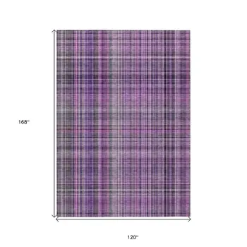 10' X 14' Purple and Gray Plaid Washable Non Skid Indoor Outdoor Area Rug