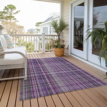10' X 14' Purple and Gray Plaid Washable Non Skid Indoor Outdoor Area Rug