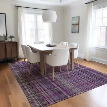 10' X 14' Purple and Gray Plaid Washable Non Skid Indoor Outdoor Area Rug