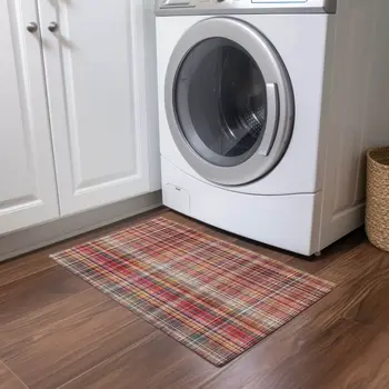 2' X 3' Red Orange and Brown Plaid Washable Non Skid Indoor Outdoor Area Rug