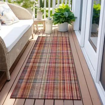 8' Runner Red Plaid Washable Non Skid Indoor Outdoor Runner Rug