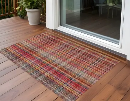 3' X 5' Red Orange and Brown Plaid Washable Non Skid Indoor Outdoor Area Rug