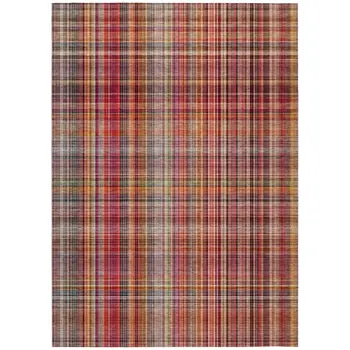 3' X 5' Red Orange and Brown Plaid Washable Non Skid Indoor Outdoor Area Rug