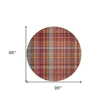 8' Round Red Round Plaid Washable Non Skid Indoor Outdoor Area Rug