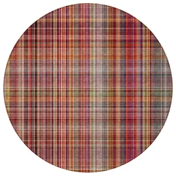 8' Round Red Round Plaid Washable Non Skid Indoor Outdoor Area Rug