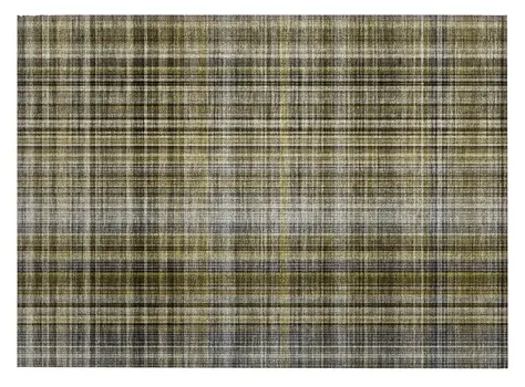 2' X 3' Green Beige and Gray Plaid Washable Non Skid Indoor Outdoor Area Rug
