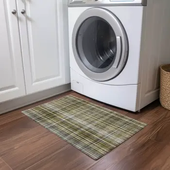 2' X 3' Green Beige and Gray Plaid Washable Non Skid Indoor Outdoor Area Rug
