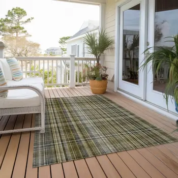 9' X 12' Green Beige and Gray Plaid Washable Non Skid Indoor Outdoor Area Rug