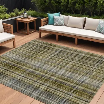 10' X 14' Green Beige and Gray Plaid Washable Non Skid Indoor Outdoor Area Rug