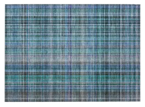2' X 3' Blue Teal and Gray Plaid Washable Non Skid Indoor Outdoor Area Rug