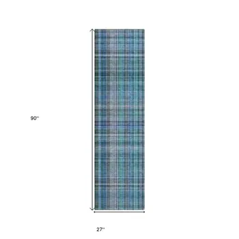 2' X 8' Blue Teal and Gray Plaid Washable Non Skid Indoor Outdoor Area Rug