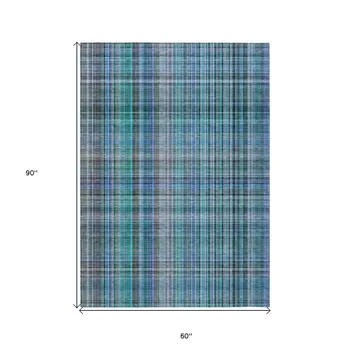 5' X 8' Blue Teal and Gray Plaid Washable Non Skid Indoor Outdoor Area Rug