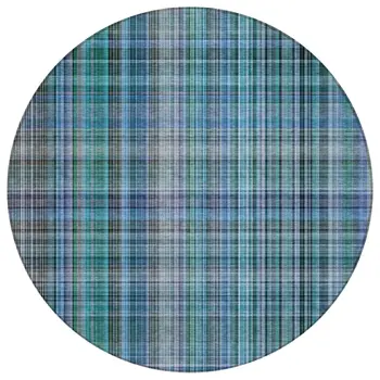 8' X 8' Blue Teal and Gray Round Plaid Washable Non Skid Indoor Outdoor Area Rug