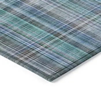 9' X 12' Blue Teal and Gray Plaid Washable Non Skid Indoor Outdoor Area Rug