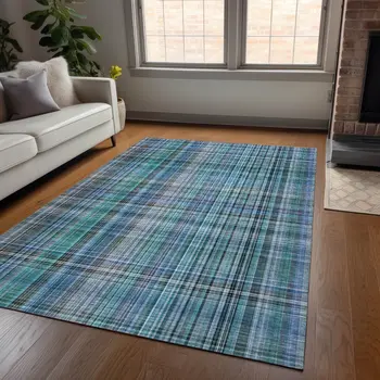 9' X 12' Blue Teal and Gray Plaid Washable Non Skid Indoor Outdoor Area Rug