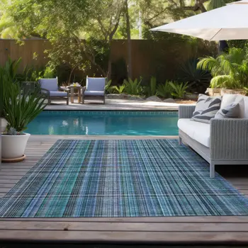 9' X 12' Blue Teal and Gray Plaid Washable Non Skid Indoor Outdoor Area Rug