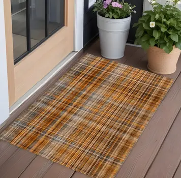 3' X 5' Terra Cotta Plaid Washable Non Skid Indoor Outdoor Area Rug