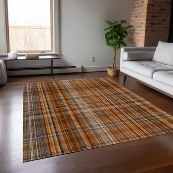 8' X 10' Terra Cotta Plaid Washable Non Skid Indoor Outdoor Area Rug